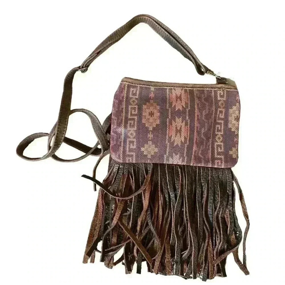 NWT Double J Saddlery Western Fringe Leather Brown Aztec Crossbody Purse - Picture 1 of 5